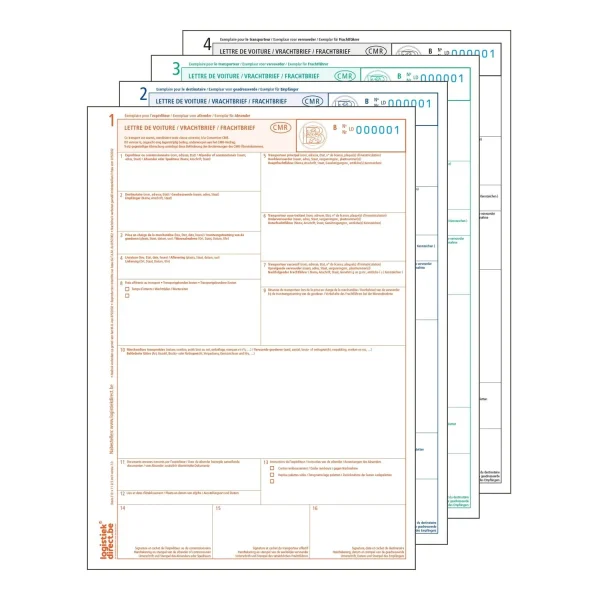 Belgische CMR Vrachtbrief Laser en Inktjet 4-voud {1-2-3-4} (model 3288114), genummerd, box 500 sets