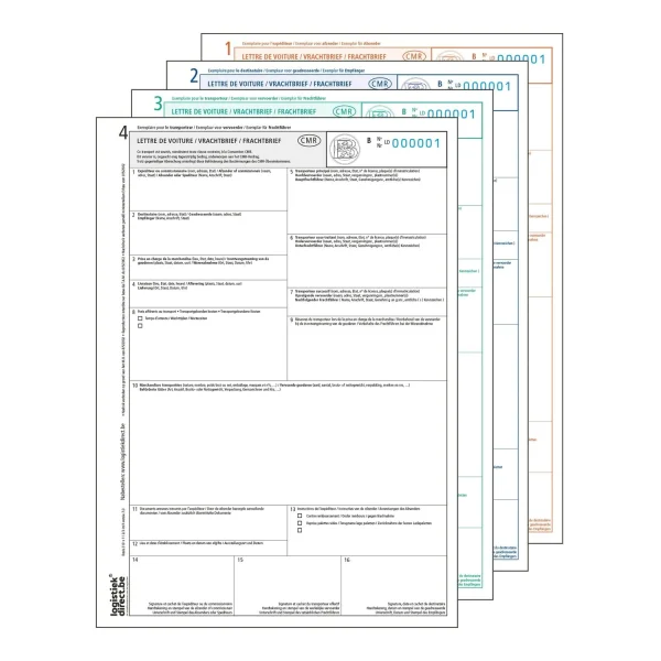 Belgische CMR Vrachtbrief Laser en Inktjet 4-voud {4-3-2-1} (model 3288118), genummerd, box 500 sets