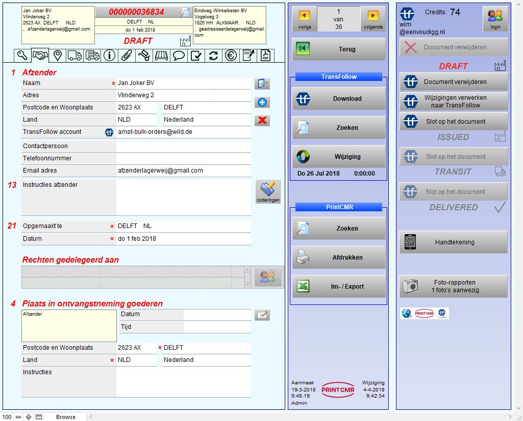 Formulier TransFollow e-CMR voor gebruik via PrintCMR.