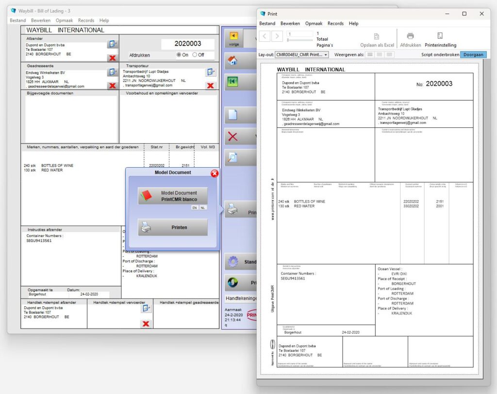 PrintCMR Waybill, Bill of Lading vrachtbrief invullen en afdrukken